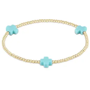 E Newton Signature Cross Gold Pattern 2mm Bead Bracelet Turquoise
