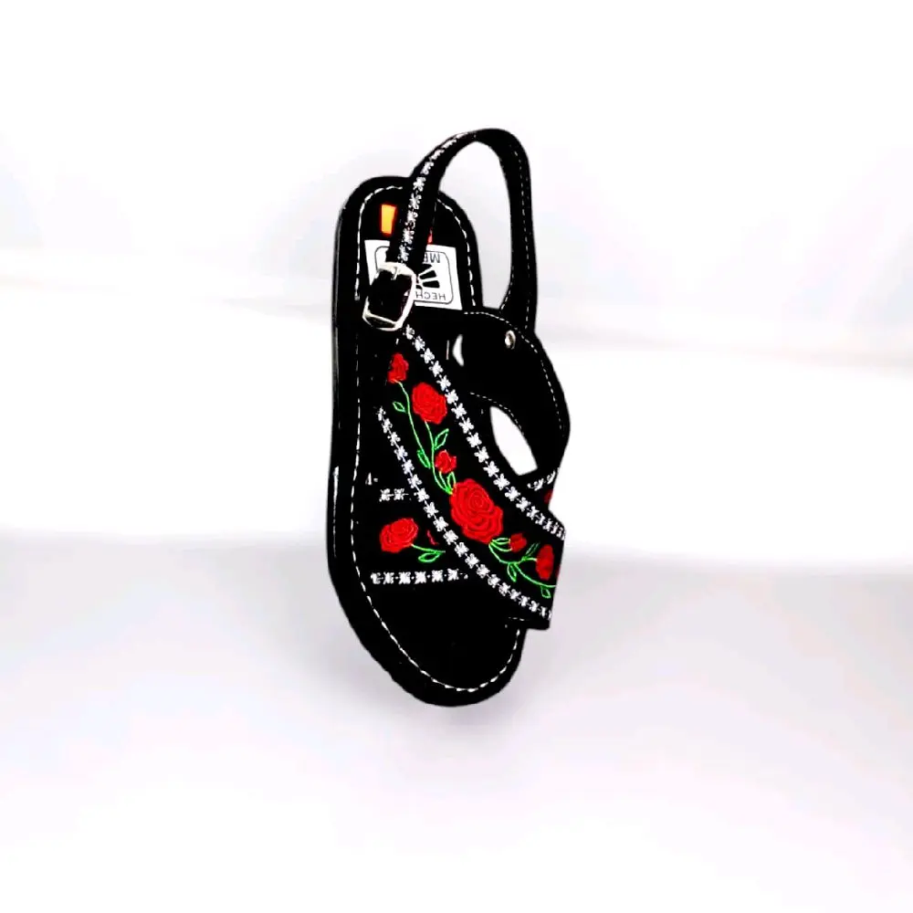 DAMA Women's Handmade Huarache Sandals - Artisanal Black with Red Embroidery, Comfortable Summer Walking Shoes, Acolchonada Insole, Rubber Sole, Nail Art Girl Decor, Handmade Sandals, Fabric Upper, Sandals For Women