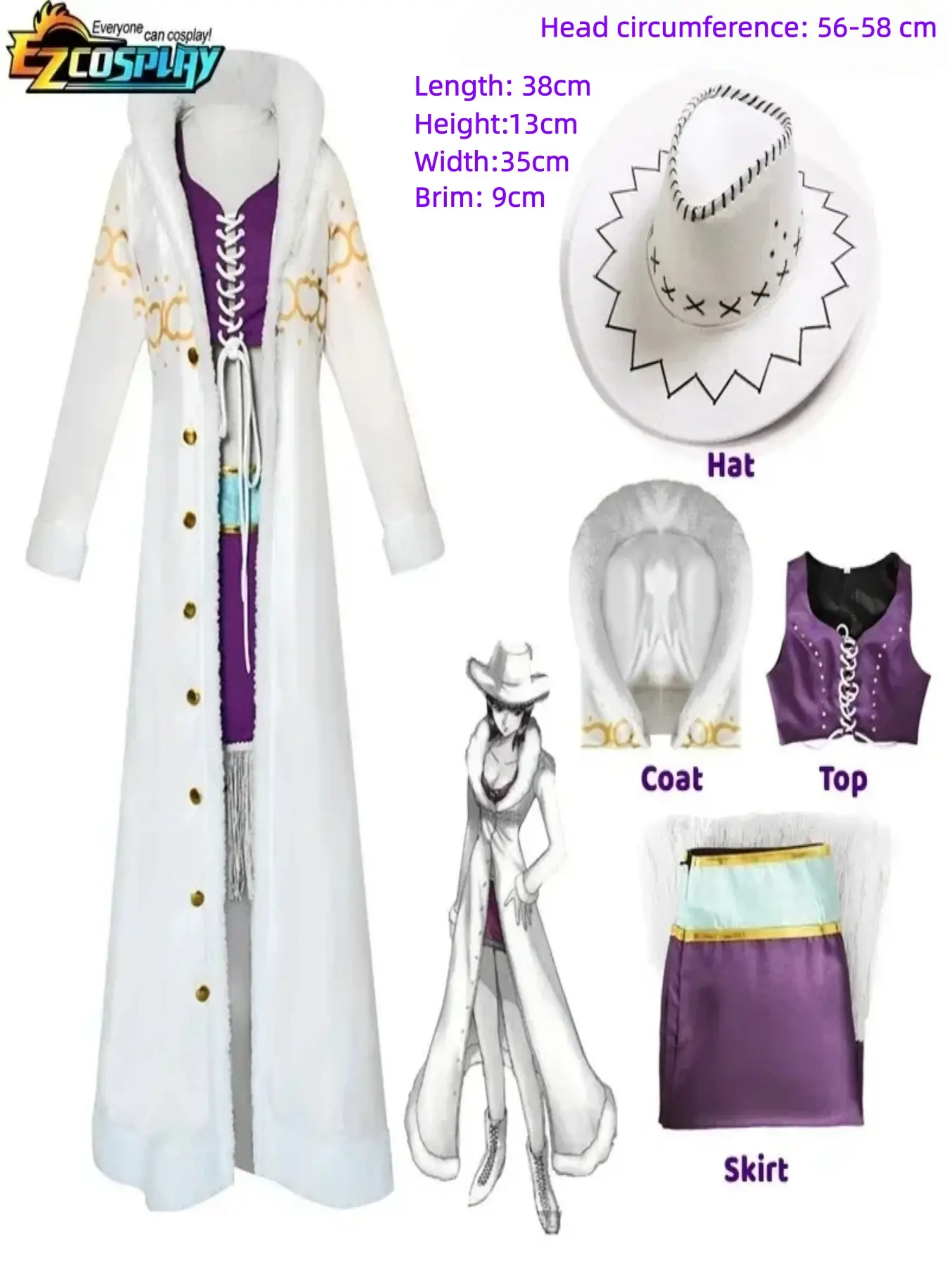 Nico Robin Cosplay Costume Anime One Piece Purple Dress Top Uniform Long Fur Collar White Cloak Punk Outfit Halloween Clothes Hat Accessories