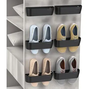 6-Pack Plastic Shoe Organizer with Adhesive Strips, Space-Saving Door Hanger for Storage, Reusable Wall Mounted Shoe Rack, Durable Shoe Holder for Closet (Black)