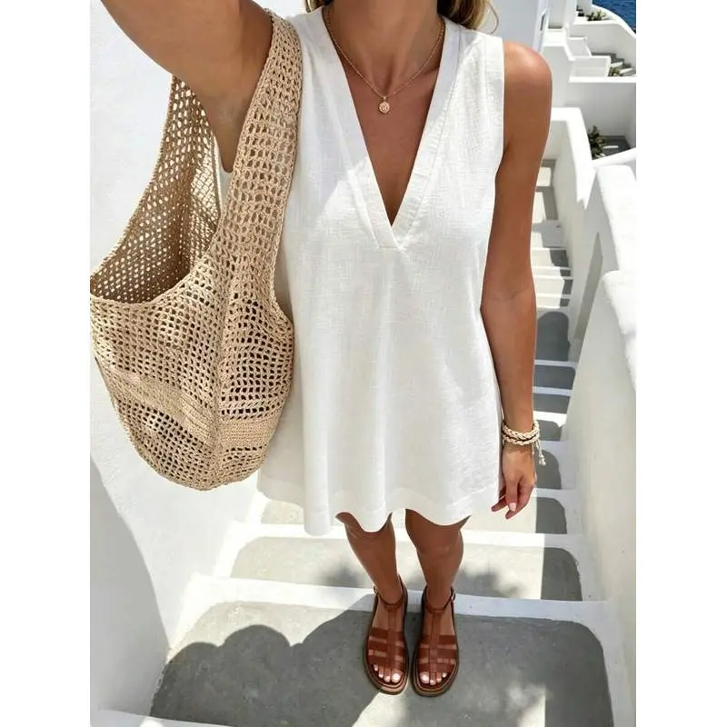 Minimalist White V-Neck Dress / Relaxed A-Line Skirt / Korean Soft Style / Daily Commute Short Dress