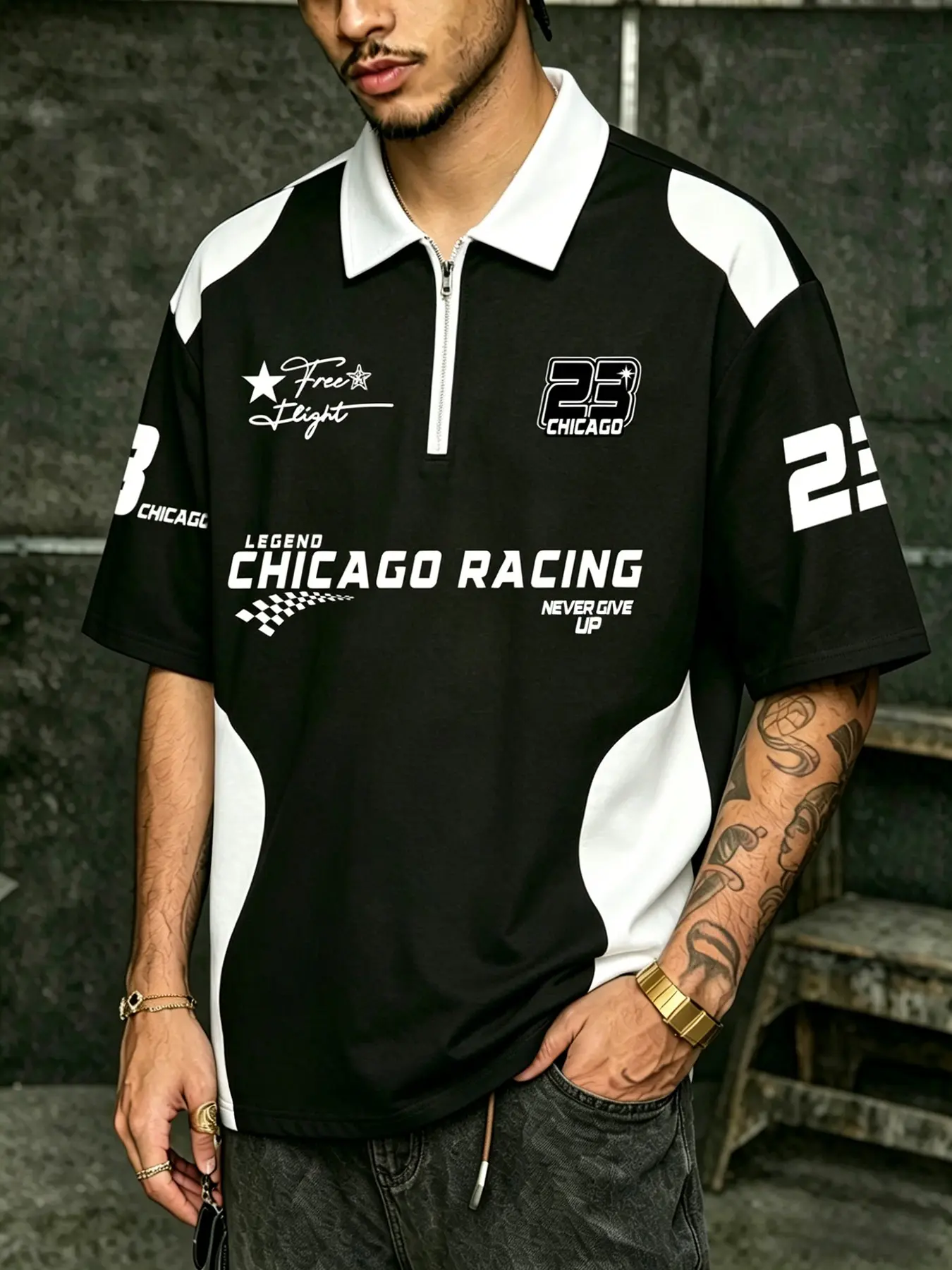 Men's Sporty Short Sleeve Graphic Print Polo Shirt, Half-Zip Loose-Fit Breathable Top, Athletic Shirt, Street/ Sports Wear, Athletic Apparel, Block, Chicago Racing Print, Athletic Clothes