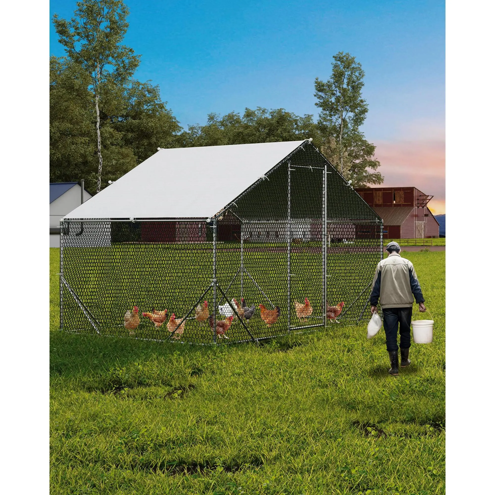 Heavy-Duty Walk-In Metal Chicken Coop, 9.8 x 6.6 x 6.6 ft Outdoor Dog Kennel Enclosure, All-Weather Waterproof UV Protected Roof, Secure Fenced Yard Design, Ideal for Backyard Poultry, 6-10 Chickens & Large Breed Dogs