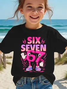 Fitted Graphic Fashion Tee - Summer Short-Sleeve Girls' Top, Pink with Cartoon Number 67 Print, Fitted Fit