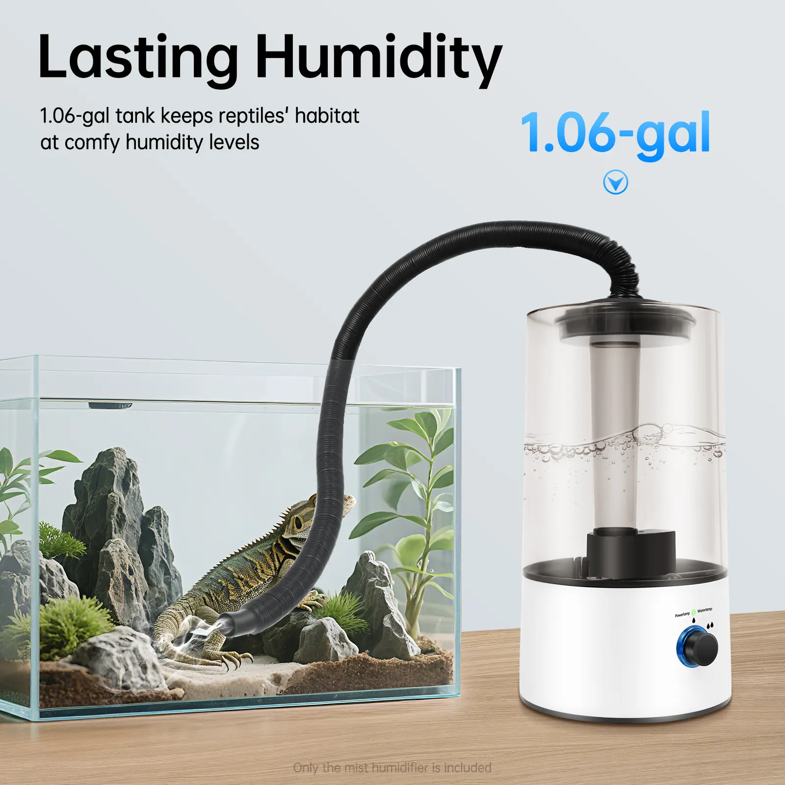 Pet Humidifier for Reptiles Amphibians Terrarium, 4L Large Tank, 3 Adjustable Mist Levels, Quiet 36dB, Flexible Hose, Auto Shut Off, White