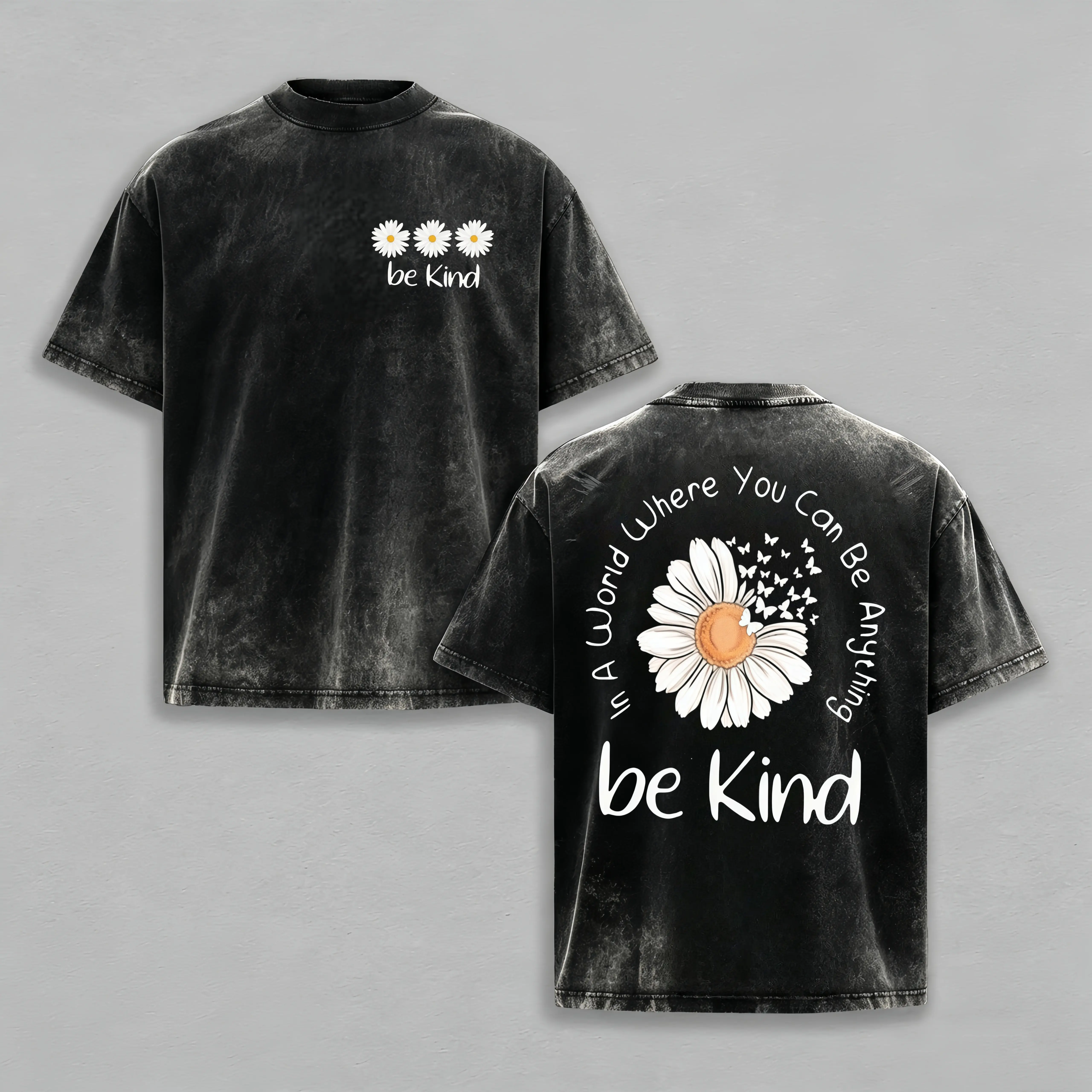 Women's Retro Oversized Graphic T-Shirt, Comfortable Short Sleeve 100% Cotton Acid Wash Casual Top with "Be Kind" Daisy Print, Tshirt, Shortsleeve, Aesthetic, Everyday, Streetwear, Sporty, Soft, Style, Tee