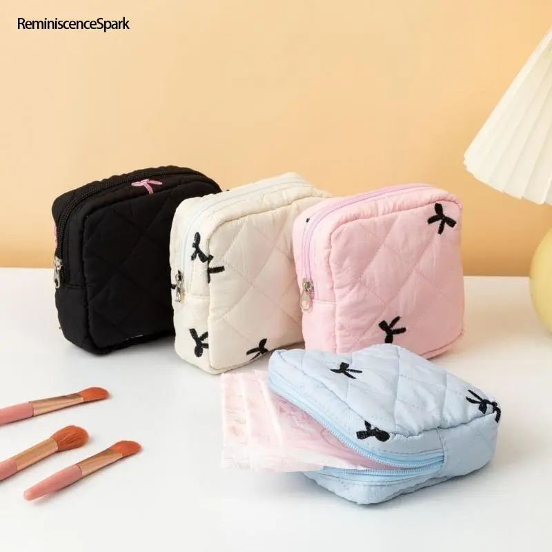 Female Recycled Minimalist Lightweight 4-Pack Plaid Sanitary Pouch Organiser - Portable Bow-Design Pad Holder, Multi-Compartment Storage Bag for School, Sports & Outdoor Camping Hiking, Work