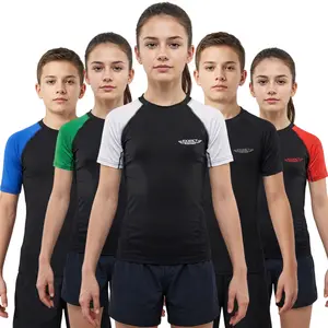 Exxact Sports Kids BJJ Rash Guard Short Sleeve, Ranked No Gi Jiu Jitsu Compression Shirt for Boys & Girls for MMA, Wrestling (Black/White)