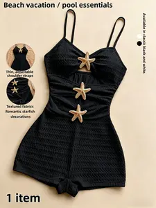 Women's Fitted Plain Jumpsuit, Holiday Style, Textured Solid Color Swimsuit, Summer Swimsuits, New Arrival, Metal Five-Point Design, China Made