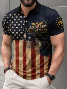 Men's Summer Vintage American Flag Graphic Print Polo Shirt, Casual Short Sleeve Golf Shirt, Breathable Lightweight Patriotic Top
