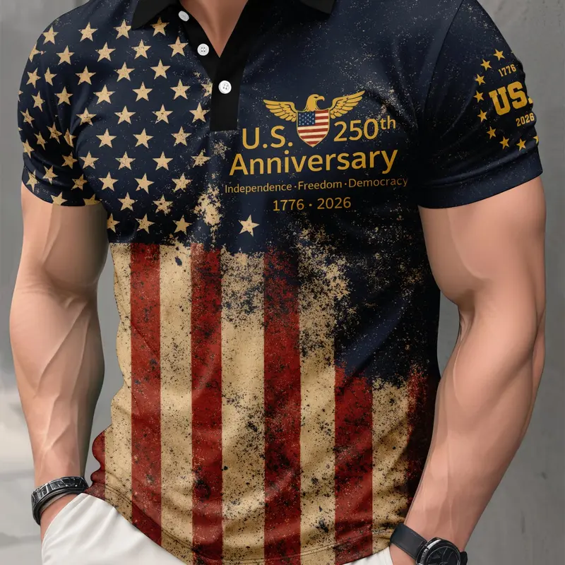 Men's Summer Retro American Flag Graphic Print Patriotic Printed Polo Shirt Top, Independence Day 250th Anniversary, Casual Short Sleeve, Breathable Lightweight