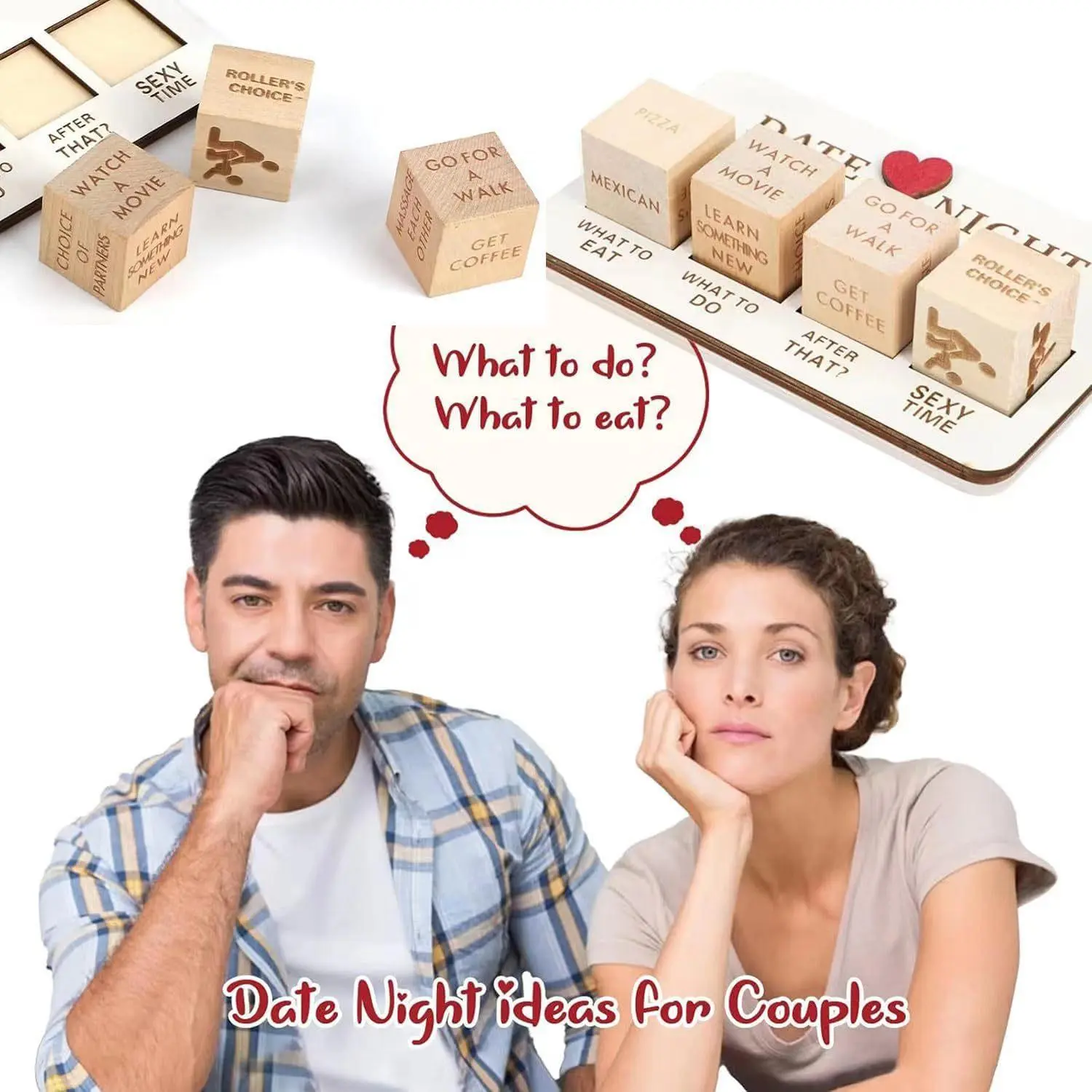 Unisex Crack-Resistant Wooden Date Night Decision Dice Set - 5-Dice Durable Portable Pack with Lucky Heads, Romantic Games for Birthdays Weddings, Home Supplies Decor Gift for Couples