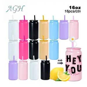 AGH US 16 OZ Sublimation matte color mixed stainless steel storage jar juice can tumbler with lids and straws and straw toppers Insulated Thermos Drinkware