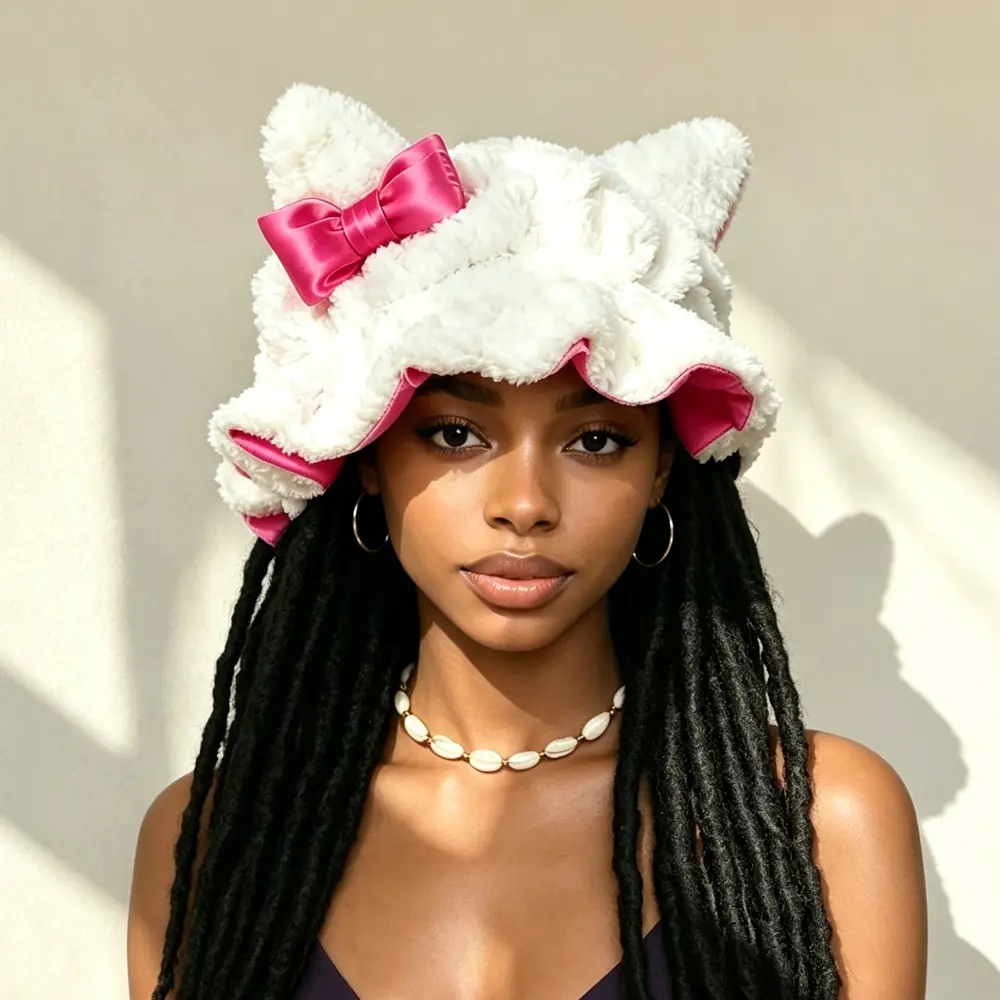 Women's Double Layer Satin Hair Bonnet Adjustable Plush Teddy Ear Sleep Cap