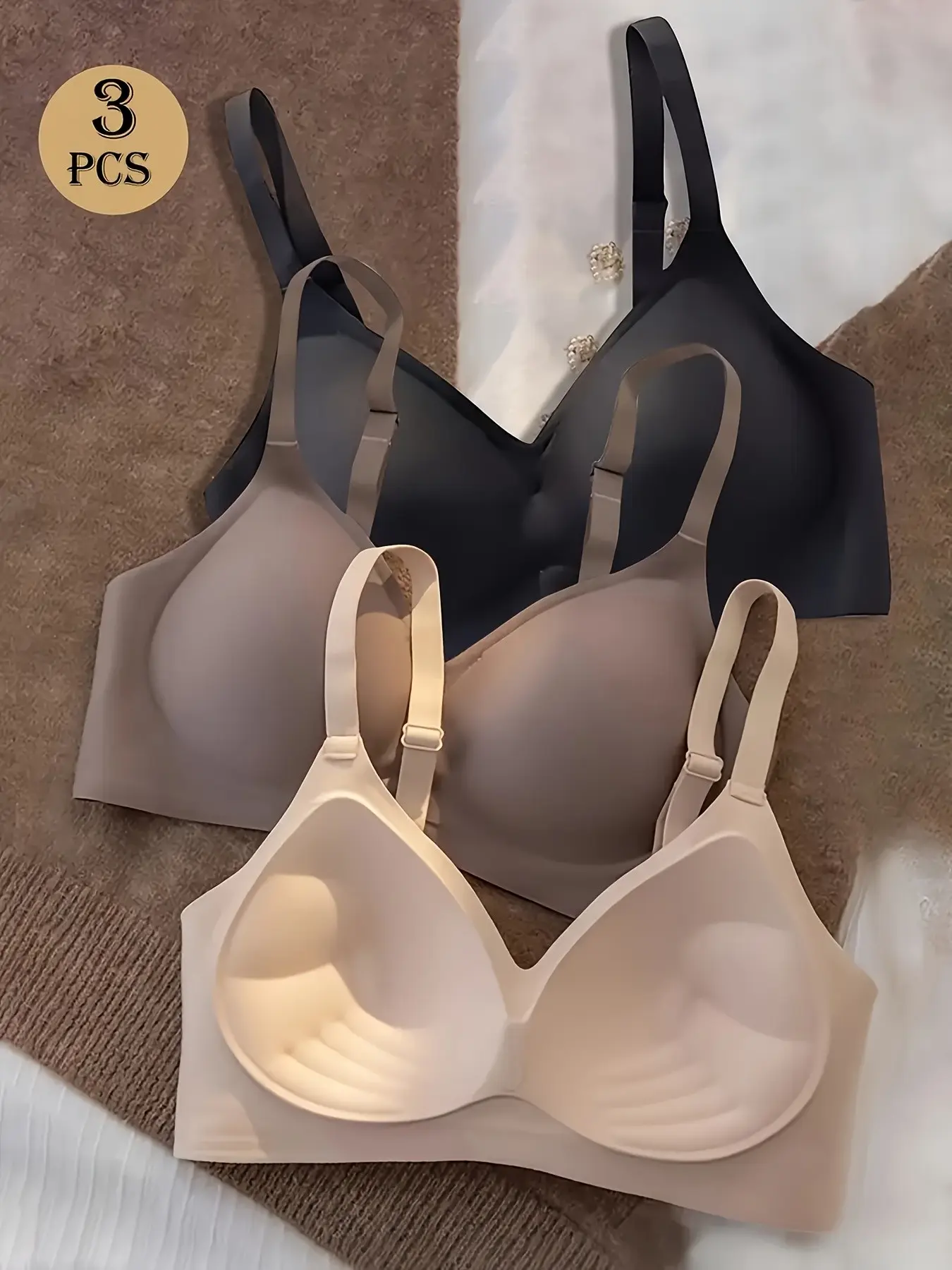 3-Pack Women's Wireless Push-Up Bras, Seamless Wireless Supportive T-Shirt Style Lingerie, Palm Cup Support, Medium Lift, Comfortable Thin Straps