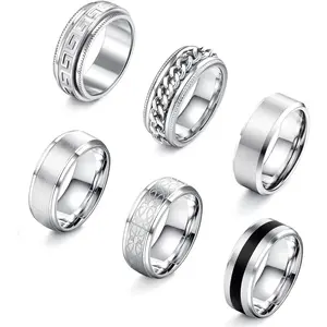 FLORIDECO 6PCS 316L Stainless Steel Stackable Spinner Rings, Vintage Silver Thumb Bands, Men's Engagement/Wedding Pieces, Fidget Set for Daily Wear, Stackable Rings, Spinner Top