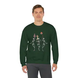 WhimsiCore CottageCore Skeletons With Mushrooms Halloween Spooky Sweatshirt, Skeleton Design Sweatshirt, Skeleton Colors, Fall Sweatshirt