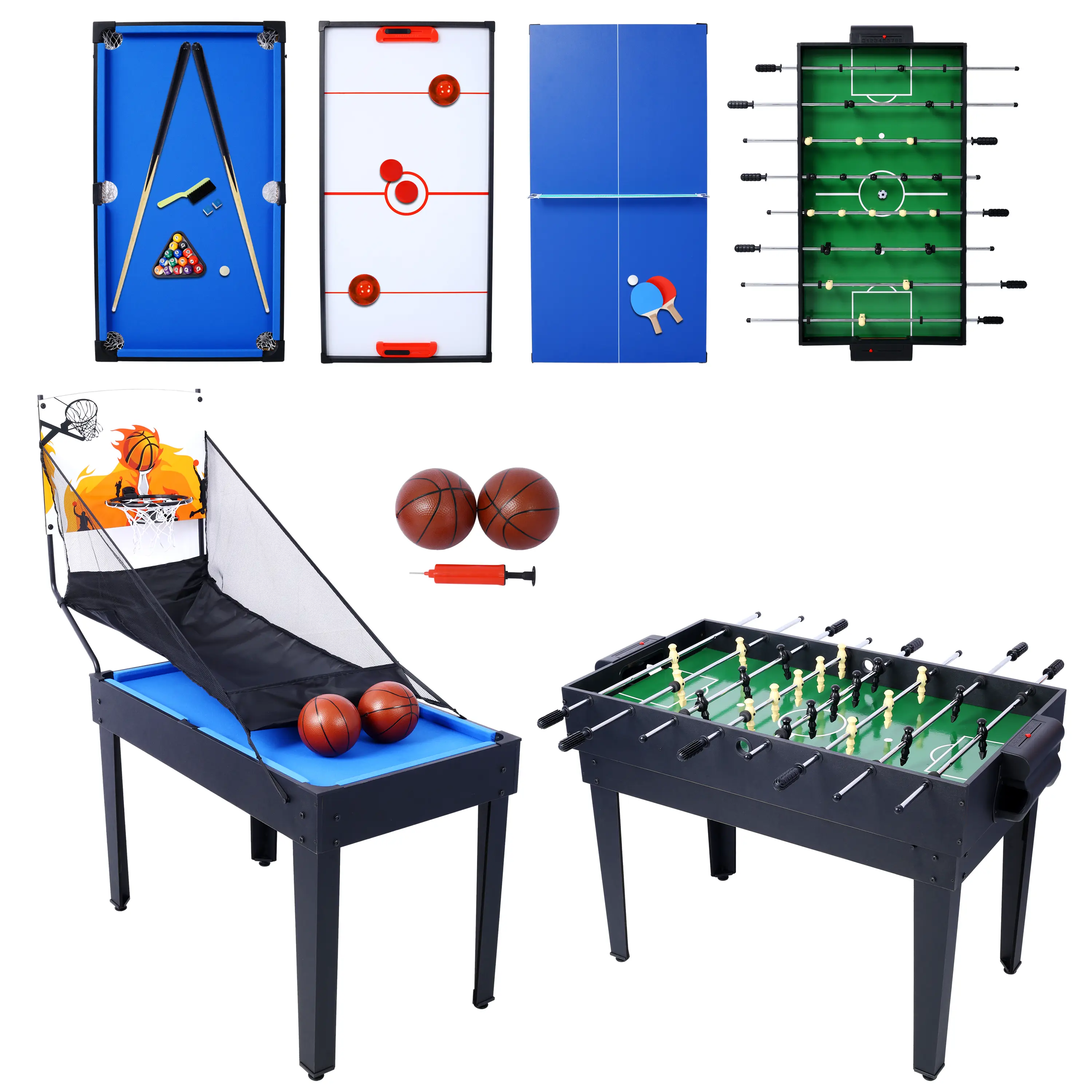 Dreamzon 5-in-1 Multi-Sports Furniture Table - Billiards, Push Hockey, Foosball, Table Tennis, Basketball, Plastic Build, 1090*615*810mm, Adjustable Legs, Powder-Coated Steel, Detachable Net, All-Inclusive Accessories (Black/Blue), 5-In-1 Versatility, Uni