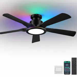 52" Low Profile Ceiling Fan with Light, RGB Ring Light, Remote & APP Control, 3 CCT Dimmable, 6 Speeds, Reversible DC Motor for Bedroom Living Room Kids Room-8241