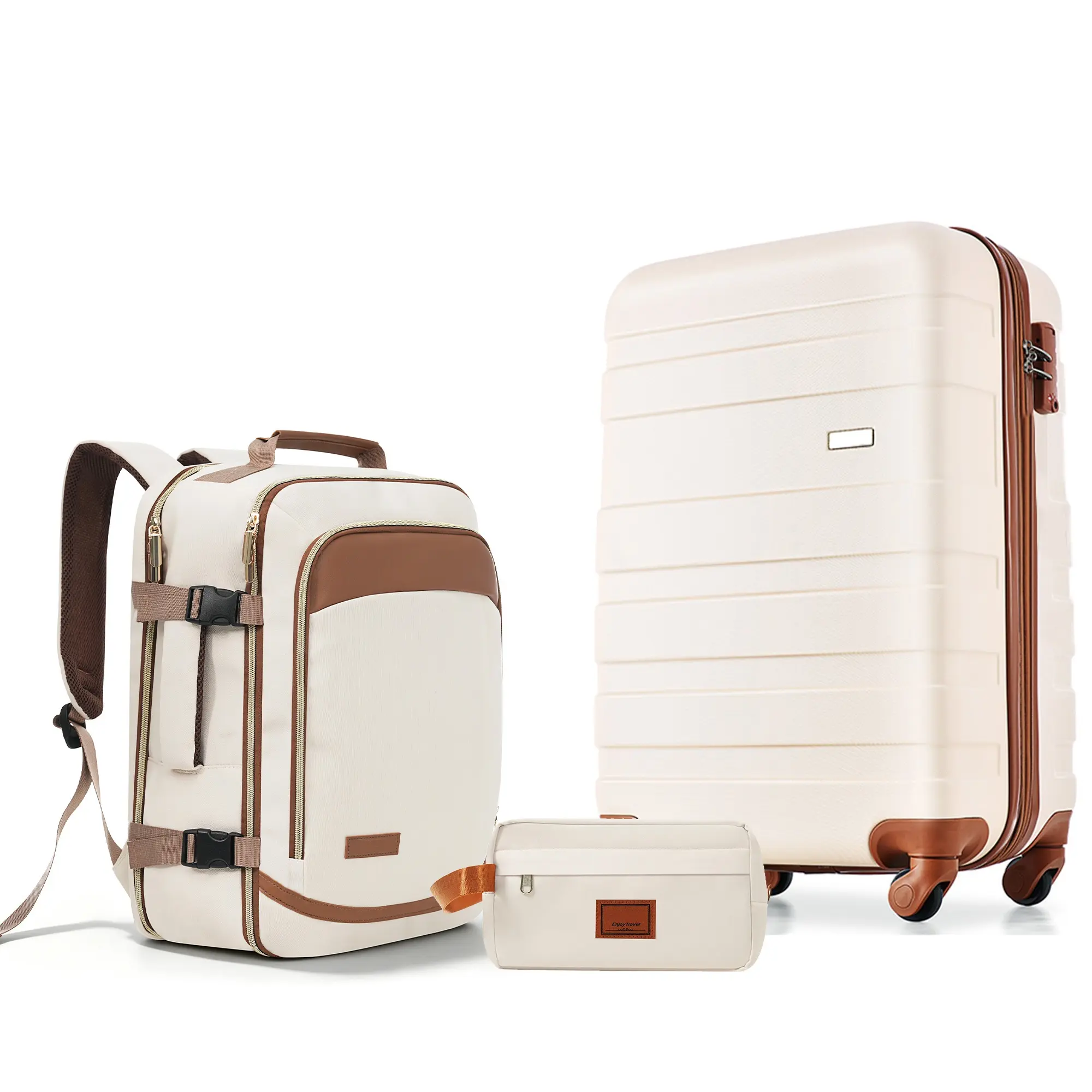 Ivory & Brown 3-Piece Luggage Set, 20/24/28 Inch ABS Suitcase with TSA Lock, Travel Duffel Bag & Wet-Dry Separate Toiletry Bag, 360° Spinner Wheels Lightweight Hard Shell Travel Luggage for Vacation Back to School