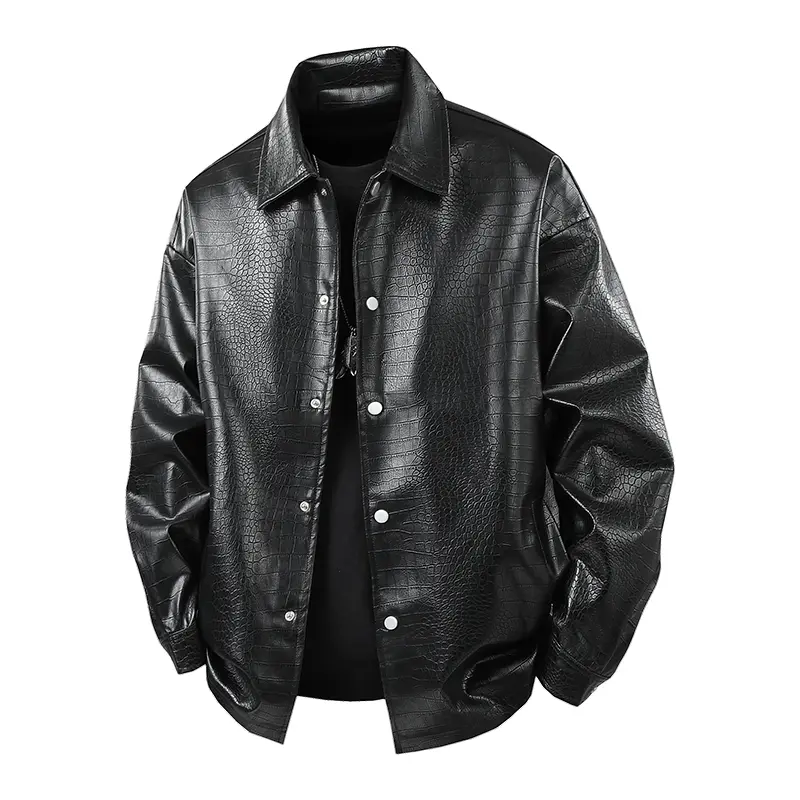 Men's Classic Elegant Faux Leather Crocodile Pattern Jacket - Turn-down Collar, Single Breasted, Long Sleeves, Vintage Tops for Stylish Casual Coats Outfits