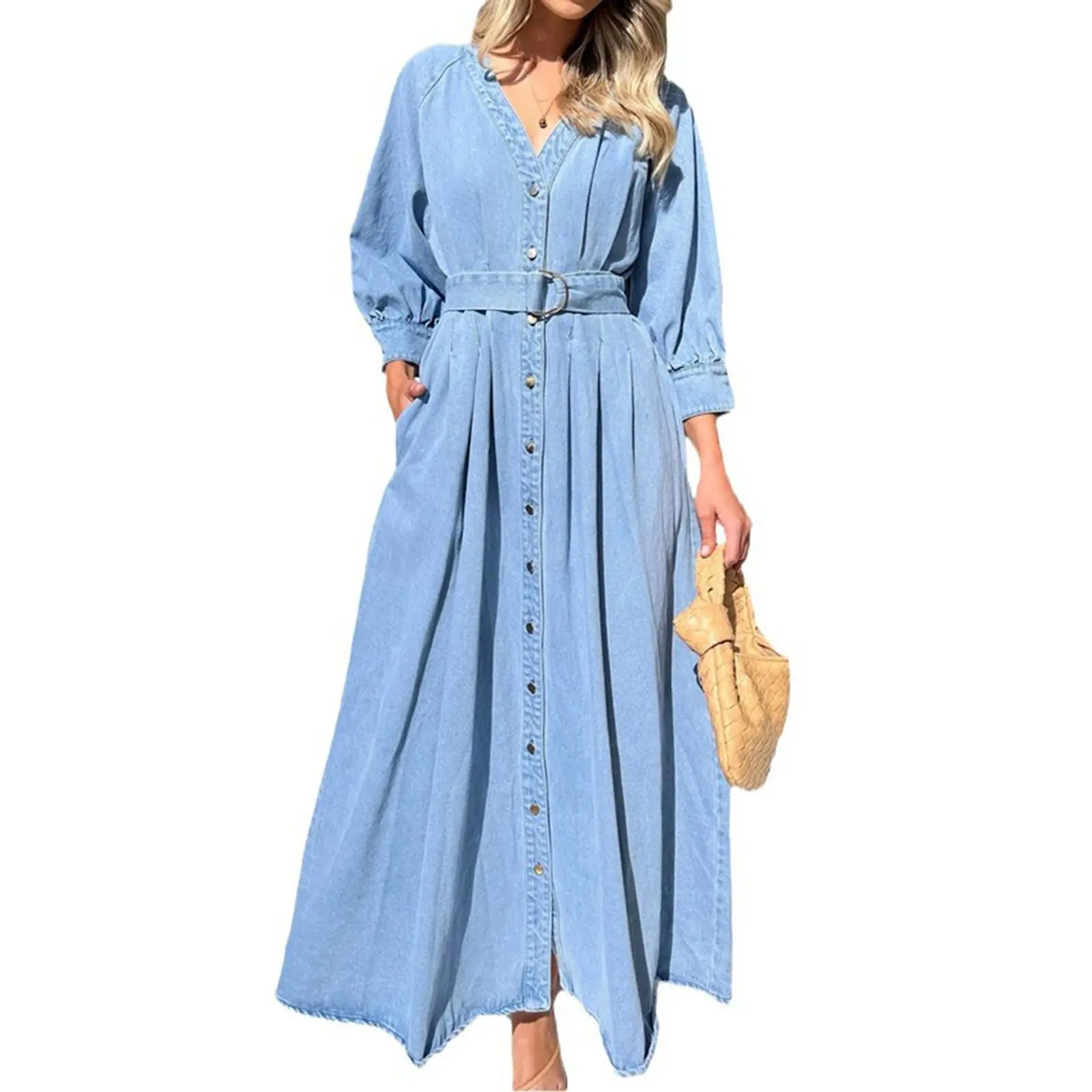 utcoco Women's Casual Washed Denim Maxi Shirt Dress with Belt, V-Neck 3/4 Sleeves Drop Shoulder for Lady, Casual Wear, Fitted, Collared, Basic