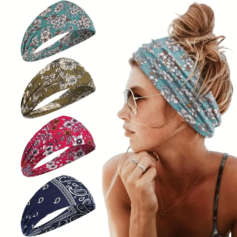 Women's 4-Pack Boho Wide Headbands, Non-Slip Stretch Sweat Absorbing Training Headbands for Running, Yoga & Outdoor Sports, Sweat Absorbing Headband, Training Headband