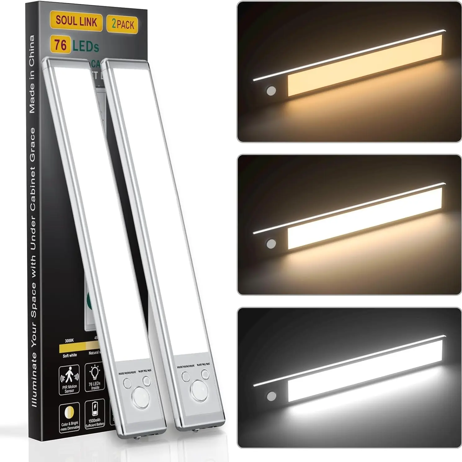 Cabinet Bottom LED Lights (set of 2), Motion Sensor Indoor Lighting, Rechargeable Battery Powered Drawer Lights, Magnetic Dimmable Lamp