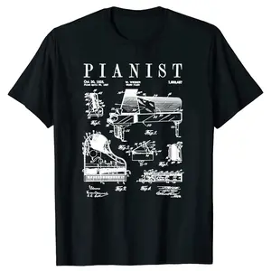 Vintage Patent Pianist Drawing T Shirts Summer Cotton Streetwear Short Sleeve Musical Instrument Gifts T-shirt