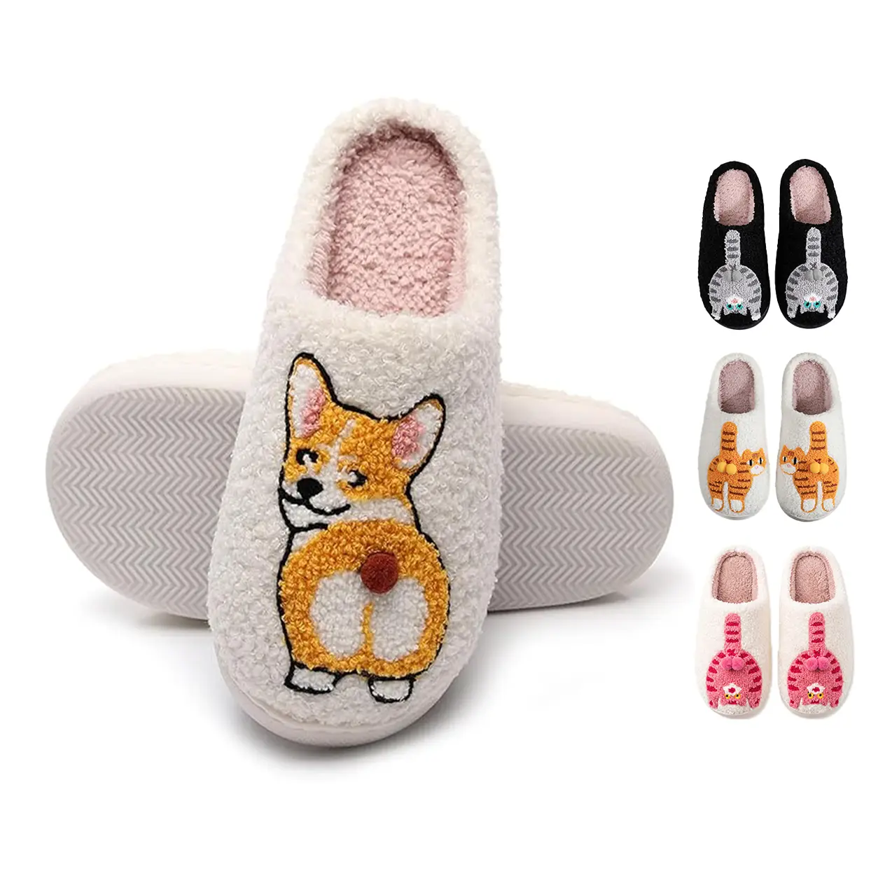 Women's Cat/Corgi Cotton Slippers Fun & Comfortable Plush Footwear for Men & Women Autumn Winter Indoor Use Cozy Stylish Girl Black