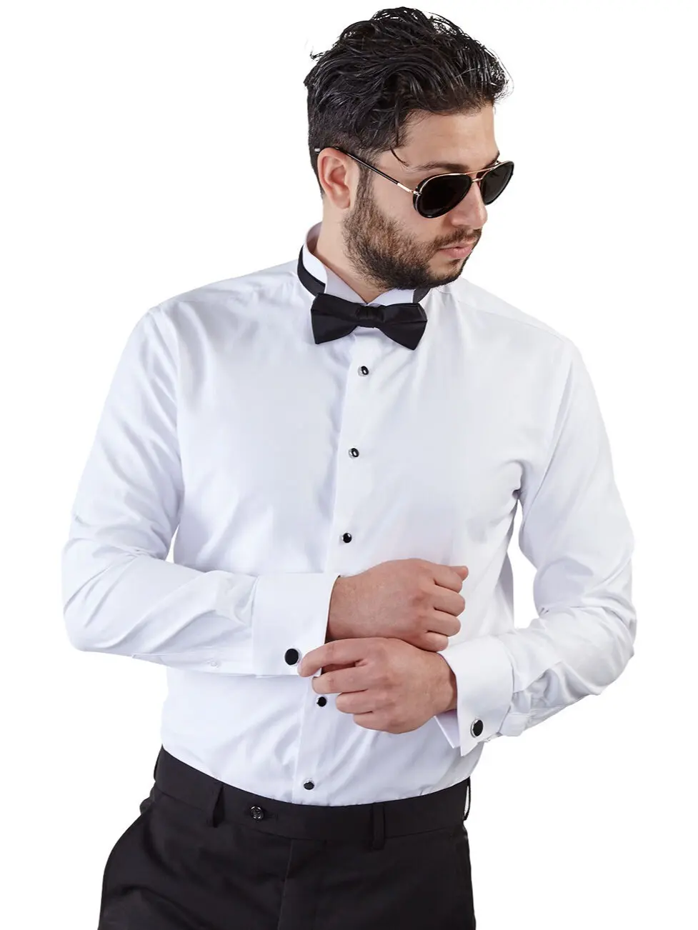 Slim Fit White Wing Tip Collar French Cuff Men's Tuxedo Dress Shirt Combo Formal Menswear