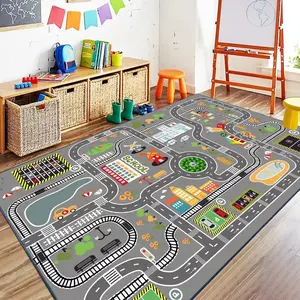 Cute Cartoon Kids Play Mat Play Area with Race Track, City Roads, Amusement Park Elements, Vibrant Graphics, Soft Learning Through Play Educational Decorative Carpet, Play Mats for Floor