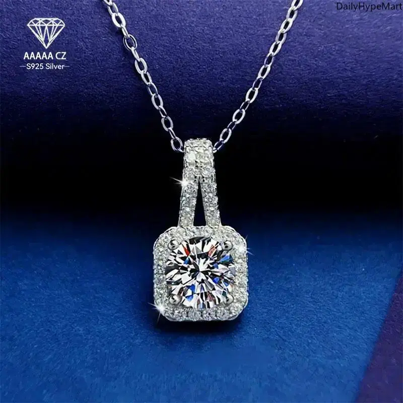 Glamorous Fashion Necklace with Square Zircon, 925 Sterling Silver Plated Pendants Jewelry for Women, Romantic Anniversary Christmas Gift, Anniversary Necklace, Funky, Cubic Zirconia, Peppy, Exquisite Trendy Pendant, Mosaic