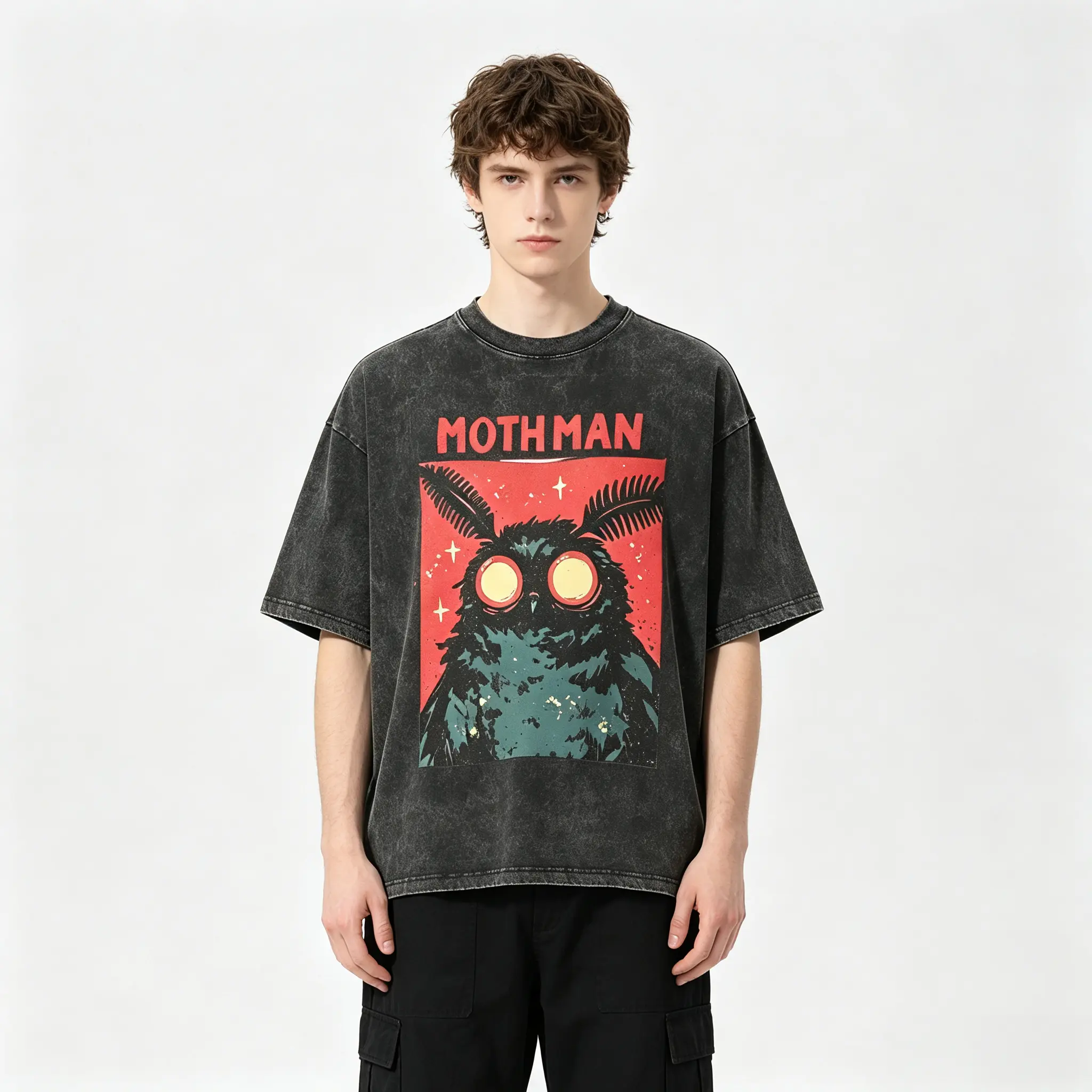 Unisex Vintage Washed Cotton Crew Neck Tee Retro Cryptid Creature Graphic Loose Oversized Short Sleeve Mens Casual Streetwear Top Baggy Crewneck