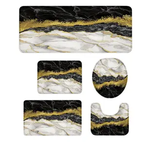 3/5Pcs Black White Gold Marble Bathroom Rug Set, Luxury Abstract Fluid Art Non-Slip Absorbent Bath Mat, Toilet Lid Cover & U-Shaped Mat, Modern Glam Bathroom Decor for Home
