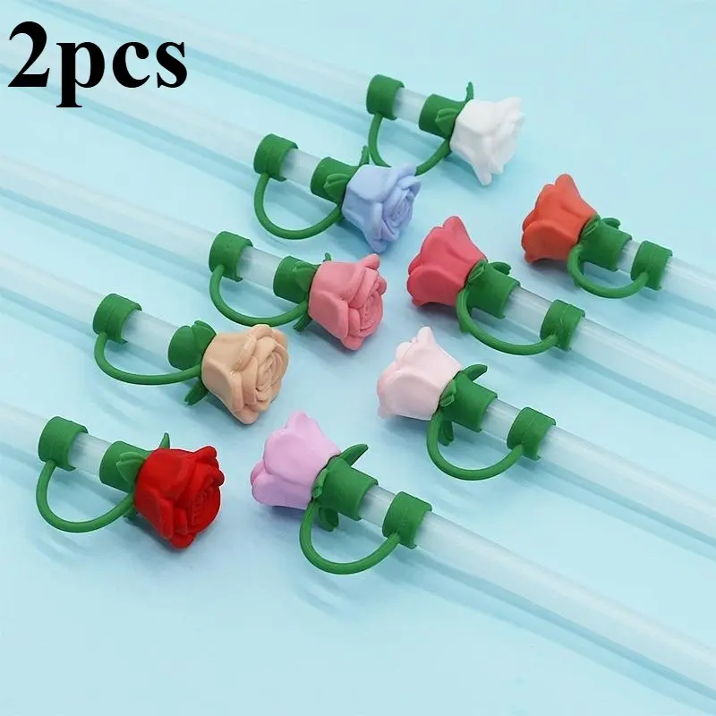 2pcs Silicone rose straw dustproof creative cap dustproof straw cover silicone three-dimensional rose straw cap Drink Protectors Silicone Straw Topper
