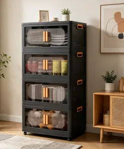 Folding Storage Cabinet with Magnetic Door 4-Tier Collapsible Plastic Organizer with Universal Wheels for Home Use
