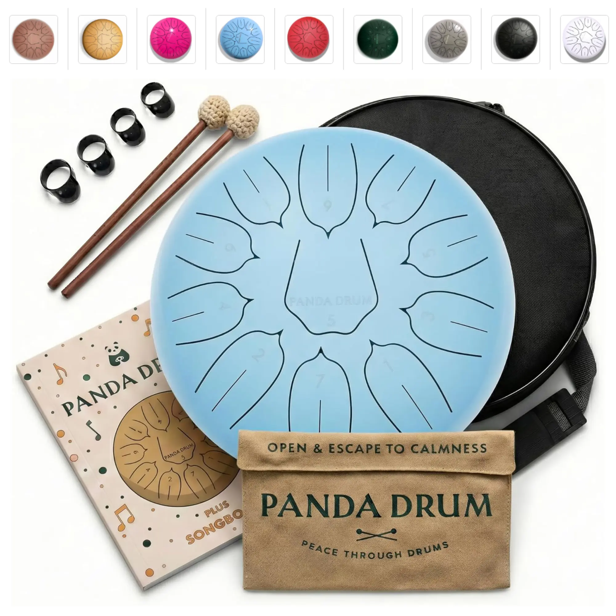 Panda Drum Plus (Blue) | Steel Tongue Handpan with Music Book, Mallets, Carrying Bag & Finger Picks | 11 inch, 432 Hz | Rain Drum for Inside & Outside | Calming Musical Instrument for Adults & Kids