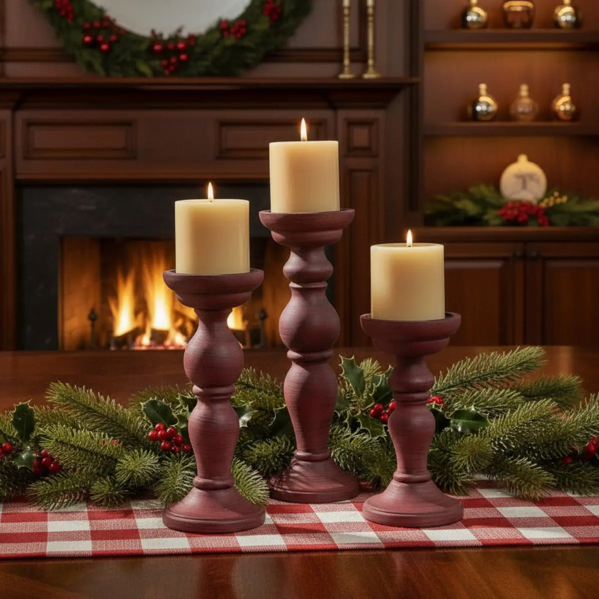 Rustic Red Wooden Pillar Candle Holder Set, Farmhouse Kitchen Centerpiece Home Decor, Table
