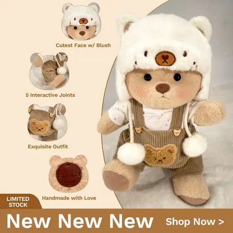 GETAHUG Handmade Jointed Cuddly Stuffed Animal Teddy Bear - 12" Standing, 5 Interactive Joints, White Mink Hat, Brown Overalls, Exquisite Outfit, Durable Fluffy Fabric, BPA-Free Animal Character Stuffed Toy, 6-8 Years Unisex Birthday Gift