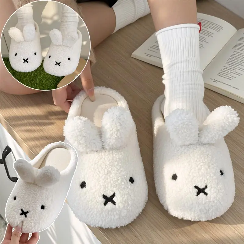 Miffy Cute Plush Cotton Women's Winter House Slippers - Fuzzy Warm Home Footwear, Cartoon Anime Non-Slip Bedroom Gifts (Classic & Novelty Stress Relief Toy)