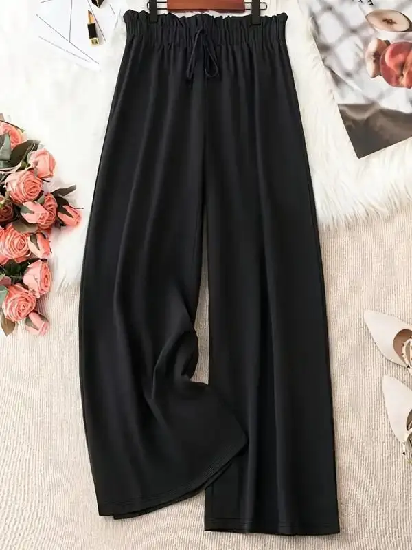[Plus Size] Solid Knot Front Elastic Waist Wide Leg Pants, Summer Casual Loose Trousers for Daily Back To School Wear, Women's Bottoms for Spring & Summer, Trousers for Women, Back To School Outfits, Autumn Outfits, Trousers for Women