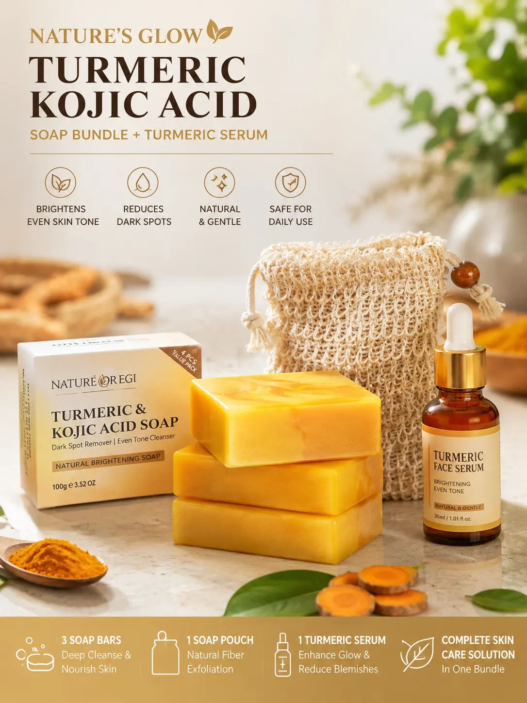 Nature Oregi bundle Turmeric Kojic Acid Soap turmeric serum and exfolianting soap bag Dark Spot Remover Brightening Even Tone Cleanser Pack of 5, 3 Soaps 1 serum,1 Soap Bag Natural Ingredients Effective Skin Care