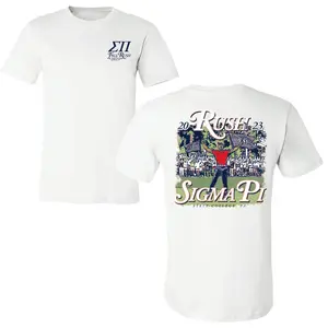 Sigma Pi Fall Rush 2023 T-Shirt, Large Crowd Back Graphic with Red Shirt Mascot and Fraternity Flags, Greek Letters Front Chest Print, State College PA Theme, White Soft Cotton Blend Shirt, Greek Life Apparel for Men and Women