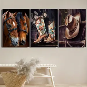 3pcs Wood Frame Canvas Print Decorative Painting, Western horse, cowboy boots and cowboy hat, western farm art, cowboy style, Indoor home wall decoration art