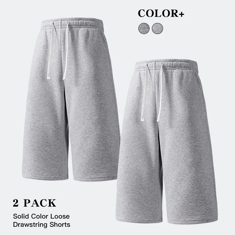 Men's Basic Loose-Fit Low-Waisted Bottom Shorts, 2-Piece Unisex Soft Capri Lounge Sweat Shorts with Adjustable Drawstring, Wide Leg, Pockets for Gym, Daily Wear