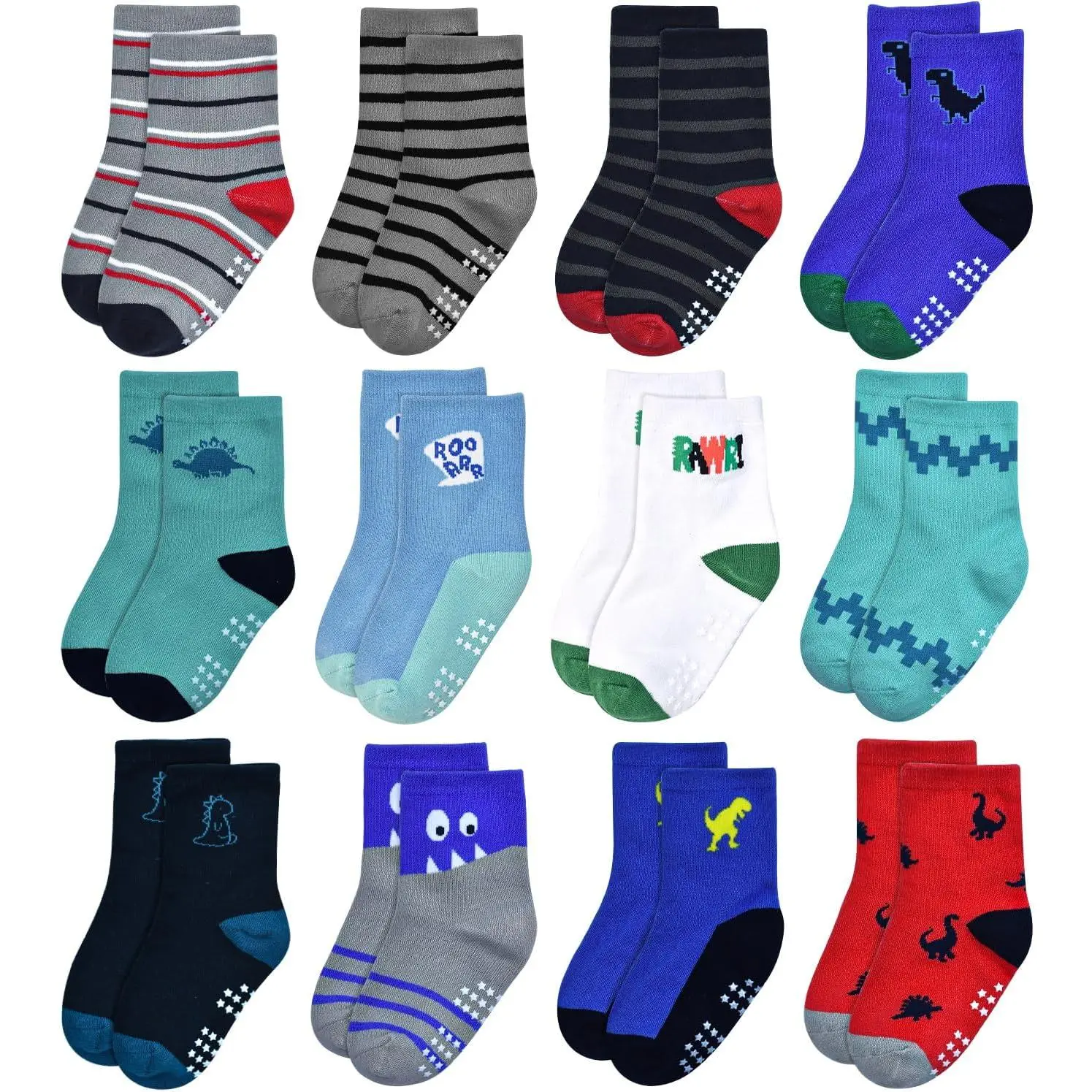 Toddler Kids Non-Slip Grip Socks for Boys & Girls, 12-Pair Multicolor Crew Socks in Combed Cotton with Fun Patterns, Medium Thickness for All Seasons, Gripper, Jumping