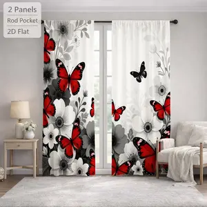 2Pcs Red Butterfly Floral Pattern Curtains Digital Printed Rod Pocket, Window Treatment For Bedroom Office Kitchen Living Room Study Home Decor