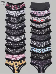 Morvia 20pcs Sexy Cute Gothic Halloween Contrast Lace Hipster Panties, Allover Print Comfy Breathable Fitted Construction Intimates Briefs Panties, Women's Underwear & Lingerie, Breathable Panty