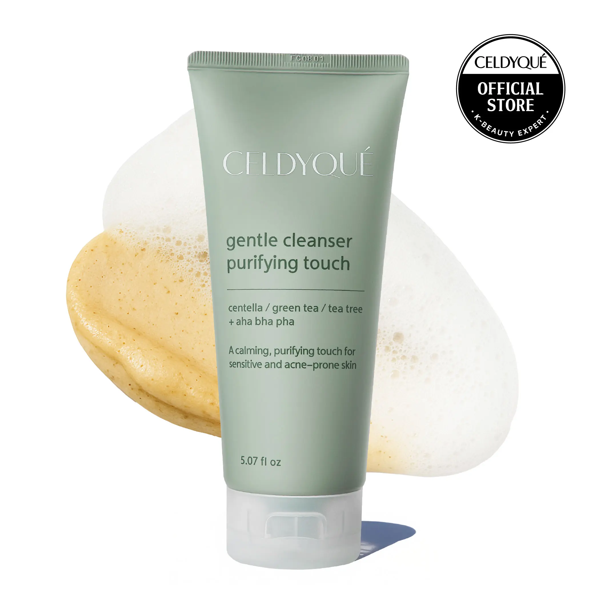 CELDYQUÉ Daily Cleansing Foam with AHA BHA PHA, Centella & Tea Tree - Gentle Exfoliating Facial Wash for Acne Prone, Dry & Sensitive Skin, 5.07 fl oz, Water (Aqua), Glycerin, Sodium Cocoyl Isethionate, Hydroxypropyl Starch Phosphate, 1,2-Hexanediol, Disod